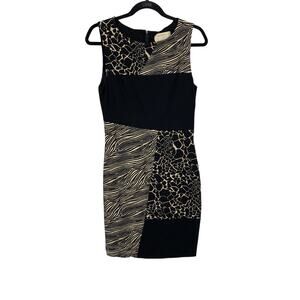 Nicole Miller Dress Womens 8 Black Beige Animal Print Patchwork Jacquard Sheath